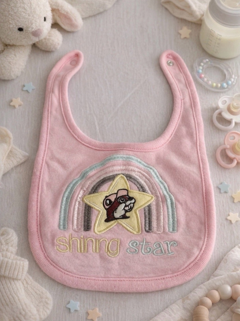 Buc-ee’s Pink "Shining Star" Baby Bib with Rainbow Embroidery and Beaver Cartoon